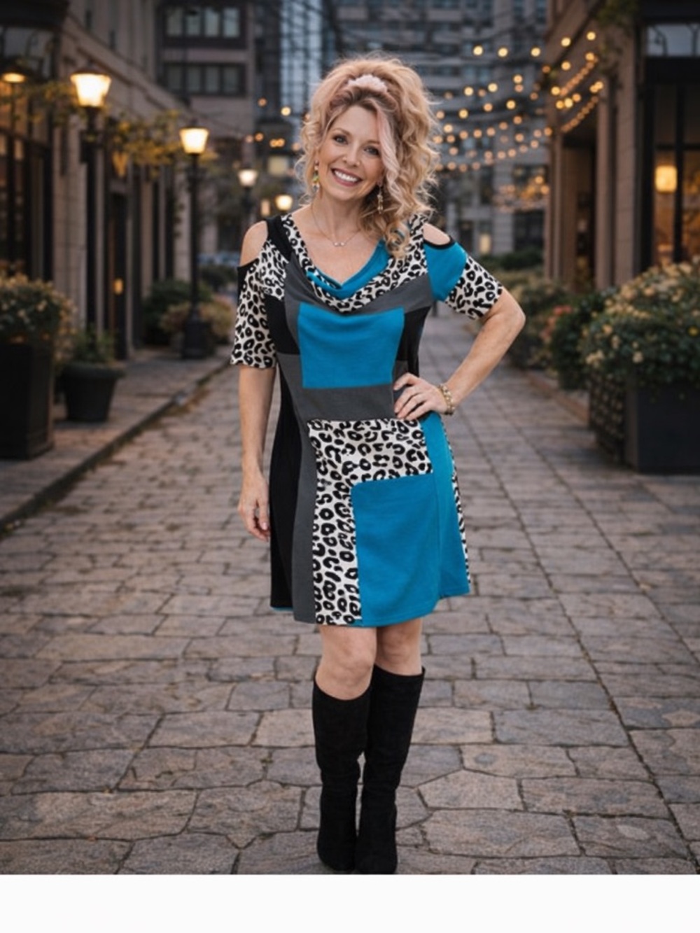 Joseph Ribkoff Cold Shoulder Tunic Dress Leopard Colorblock Blue Black Sz 8